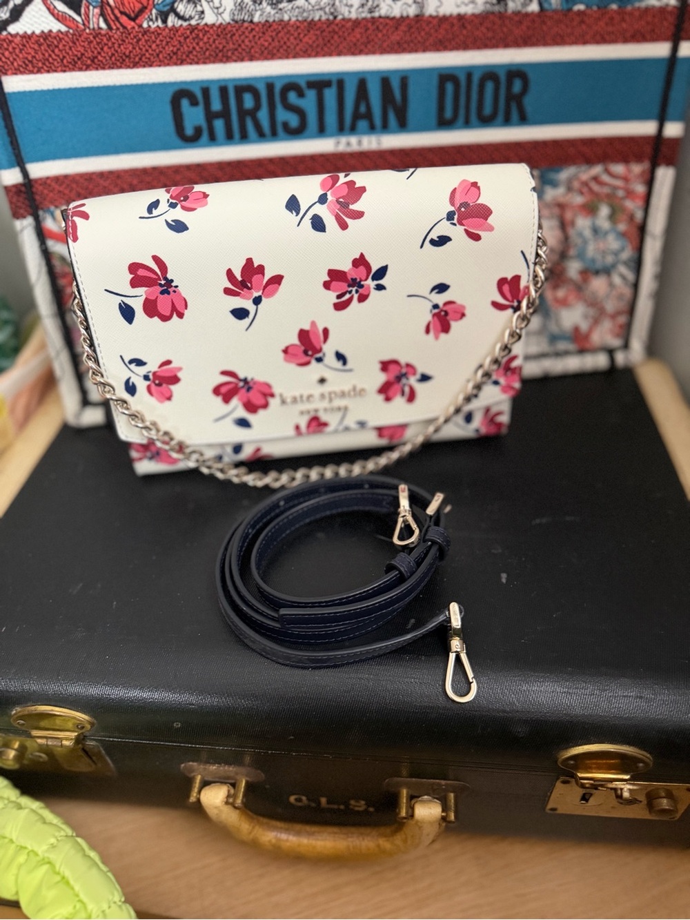 kate spade White Floral Crossbody with Pink and Navy Accents